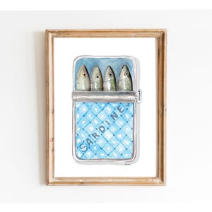 Blue Sardines Poster, Tinned Fish Art, Seafood Wall Art, Tin Fish Art Print, Hand Draw Food, Vintage Sardines Art, Retro Sardines Print,