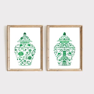 Grüne Chinoiserie Aquarell Poster Aquarell Porzellan Ingwerglas Wand Kunst Grüne Vase Print Geschenk Home Decor Asiatische Vase Aquarell Prints