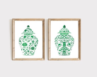 Green Chinoiserie Set Of 2 Posters Watercolor Porcelain Ginger Jar Wall Art Green Vase Print Gift Home Decor Asian Vase Watercolor Prints
