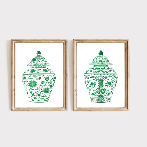 Green Chinoiserie Set Of 2 Posters Watercolor Porcelain Ginger Jar Wall Art Green Vase Print Gift Home Decor Asian Vase Watercolor Prints