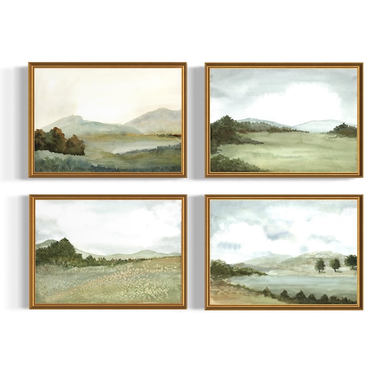 Landscape Watercolor Print Set of 4 | Neutral Mountain Wall Art ...