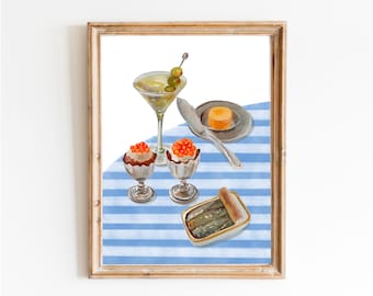 Caviar Art Print, Seafood Wall Art, Watercolor Painting, Kitchen Home Decor, Champagne And Caviar, Olive, Butter Print