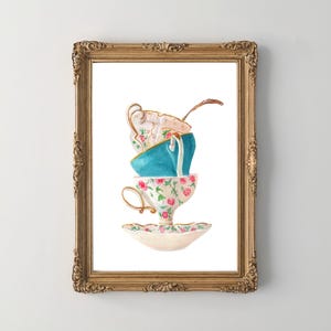 Stampa acquerello di tazze da tè, illustrazione di tazze da tè, arte murale cineseria, illustrazione di tazze da tè vintage, ora del tè, stampa per festa del tè