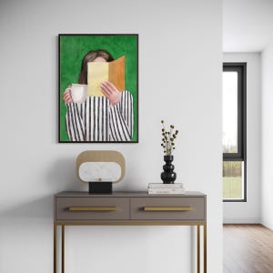 Woman Reading Emerald Green Art Print, Modern Reading Woman Art, Abstract Woman Portrait, Contemporary Style Wall Art, Watercolor Painting image 13