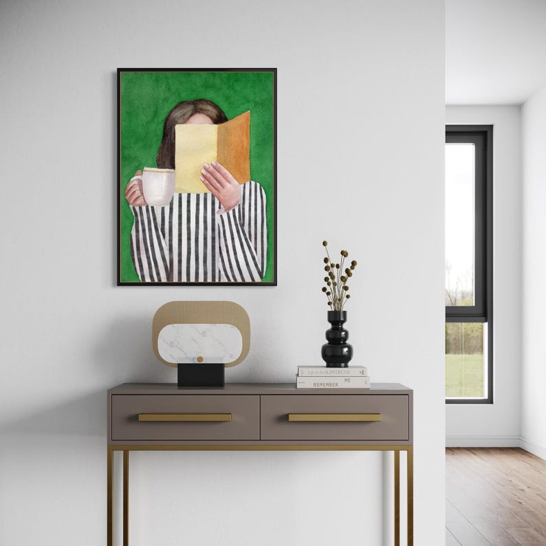 Woman Reading Emerald Green Art Print, Modern Reading Woman Art, Abstract Woman Portrait, Contemporary Style Wall Art, Watercolor Painting image 13