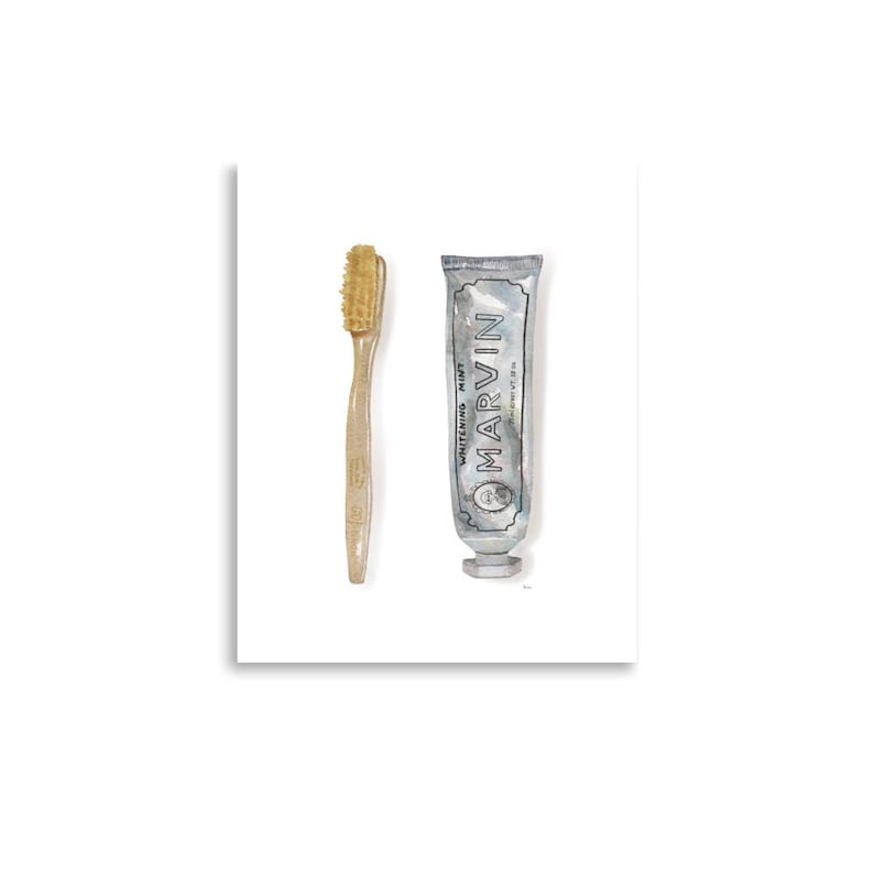 Toothpaste Artist Work Toothbrush and Toothpaste Art Print, Watercolor Painting, Bathroom ...