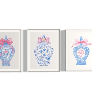 Chinoiserie Vase Set Of 3  Prints, Watercolor Painting, Blue And White Decor, Ginger Jar Print, Chinese Porcelain, Chinoiserie Chic