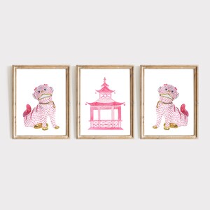 Pink Chinoiserie Set Of 3 Watercolor Painting Pagoda Foo Dogs Wall Art Chinoiserie Decor asian Hot Pink Wall Art Chinoiserie Chic Art Print