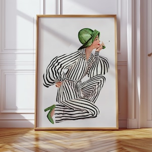 Arte abstracto contemporáneo de mujer, retrato ecléctico, figura femenina, pintura femenina, retrato en acuarela, lámina para dormitorio, arte verde