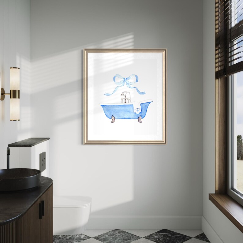 Impression d'art aquarelle avec noeud de salle de bain bleu, baignoire bleue, cadeau pour elle, art de salle de bain vintage, salle de bain de ferme, peinture de baignoire image 12