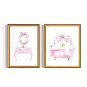 Pink Bow Wall Art Set of 2 – Vintage Watercolor Prints for Girls Bathroom Decor