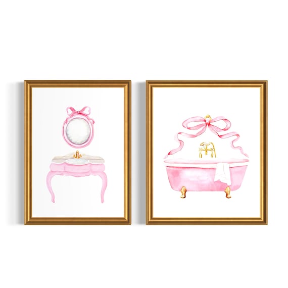 Pink Bow Wall Art Set of 2 – Vintage Watercolor Prints for Girls Bathroom Decor