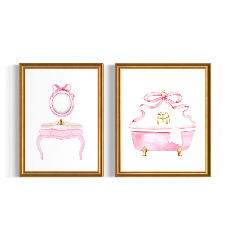 Pink Bow Wall Art Set of 2 – Vintage Watercolor Prints for Girls Bathroom Decor image 1