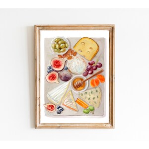 Käse Poster Aquarell Malerei, Wein Liebhaber Geschenk, Küche Illustration, Käse Stillleben, Brie Cafe Poster, Parmesan Käse, Essen Druck