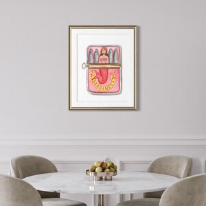 Impresión de sardinas de sirena, pintura de acuarela, arte de pared de cocina, impresión en hojalata, arte de comida retro, lata de sardinas divertida, imagen 12