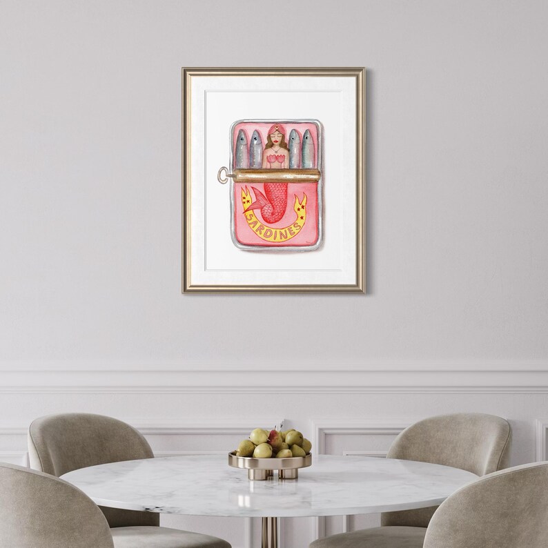 Impresión de sardinas de sirena, pintura de acuarela, arte de pared de cocina, impresión en hojalata, arte de comida retro, lata de sardinas divertida, imagen 12