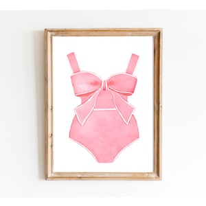 Pink Swimsuit, Watercolor Painting, Vintage Swimsuit, Beach Decor, Lake Home Decor, Bathroom Wall Art, Beach Gifts Ideas, Coastal Art Print