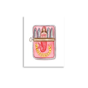 Mermaids Sardine Print, Watercolor Painting, Kitchen Wall Art, Tin Print, Retro Food Art, Funny Sardine Can,