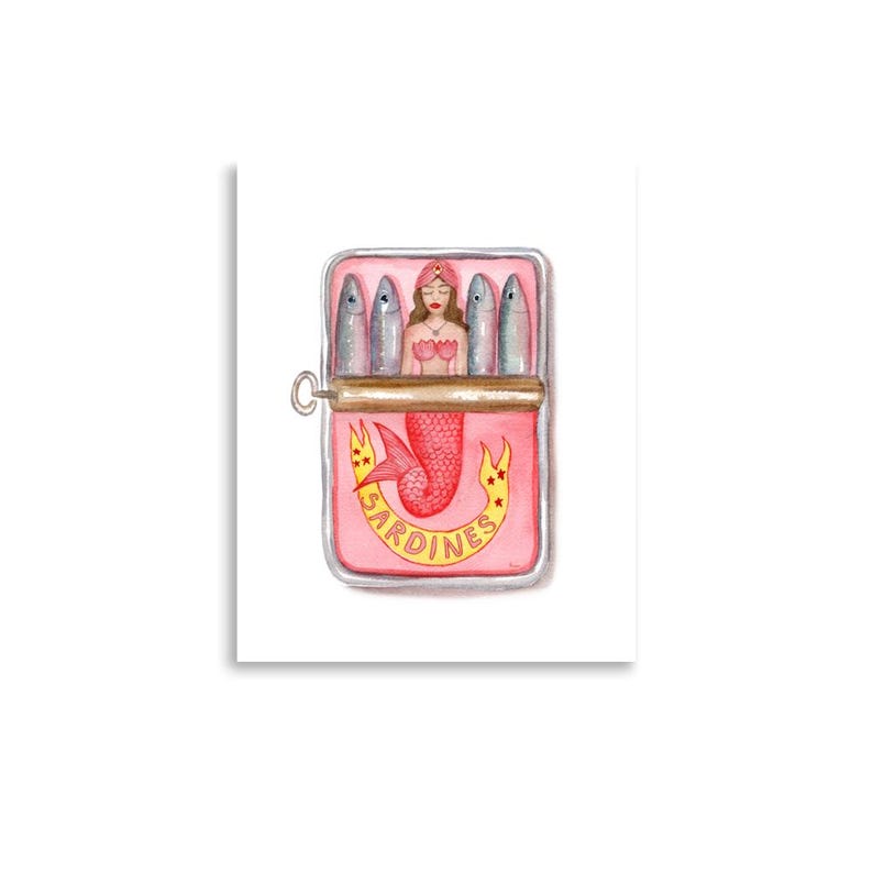 Mermaids Sardine Print, Watercolor Painting, Kitchen Wall Art, Tin Print, Retro Food Art, Funny Sardine Can,
