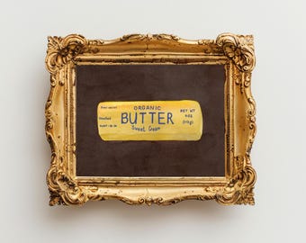 Butter Print, Watercolor Butter Painting, Kitchen Wall Art, Food Still Life Print, Dark Brown Background, Vintage Cooking Poster