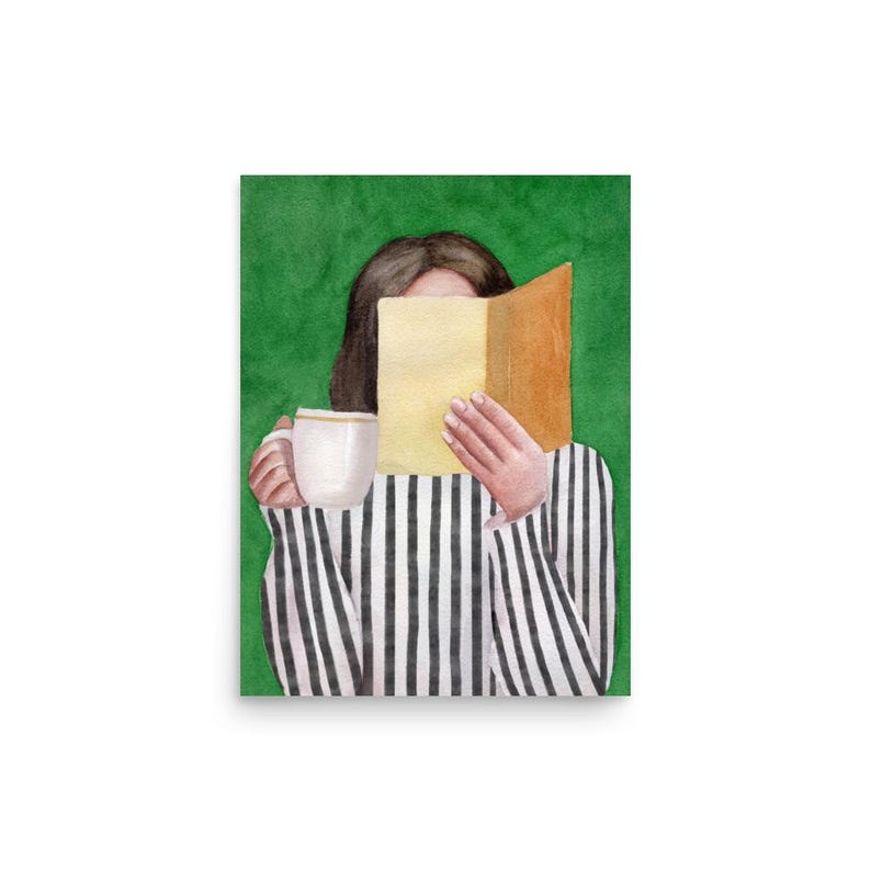 Woman Reading Emerald Green Art Print, Modern Reading Woman Art, Abstract Woman Portrait, Contemporary Style Wall Art, Watercolor Painting