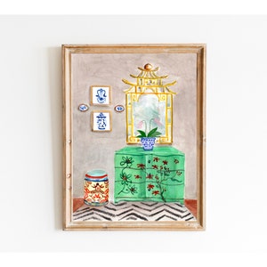 Chinoiserie Decor Watercolor Painting Print Green Chinoiserie Wall Art Painting Of Interior Ginger Jar Impressionist Art Christmas Art Gift