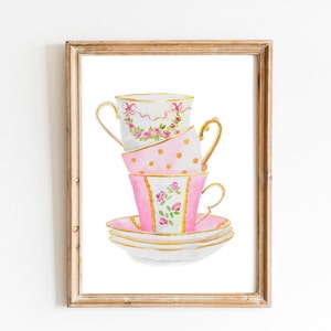 Tazze da tè, Arte da cucina, Arte murale, Decorazione da parete per cucina, Tazza da tè vintage, Regalo per gli amanti del tè, Decorazione per il Tea Party, Poster del tè con stampa artistica ad acquerello