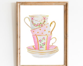 Tea cups, Kitchen Art, Wall Art, Kitchen Wall Decor, Vintage Tea Cup, Gift For Tea Lovers, Tea Party Decor ,Watercolor Art Print Tea Poster