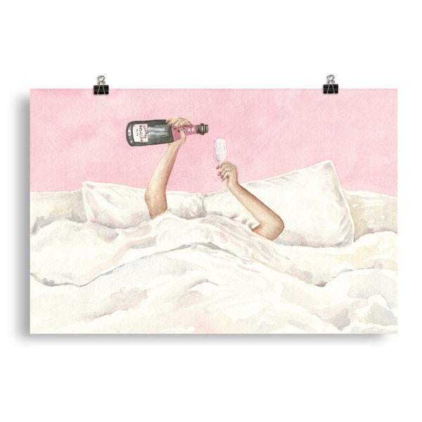 Pink Champagne Bottle Watercolor Illustration Wall Art Print, Feminine Art, Bar Decor, Cocktail Poster, Preppy Bar Cart, Apartment Decor