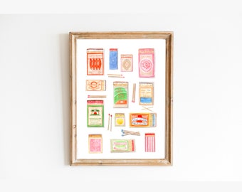 Matchbox Art Collection Print, Watercolor Painting, Vintage Matchbox, Aesthetic Dorm Decor, Custom Matchbox Art, Game Room Art, Girly Art