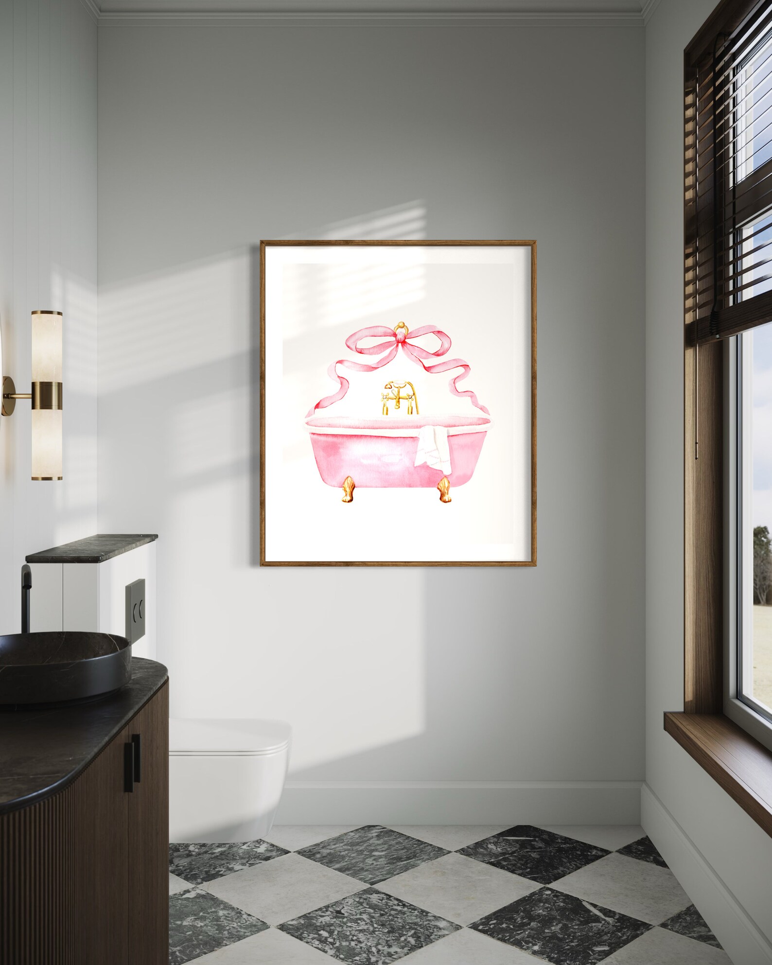 Pink Bathroom Vintage Bow Art Print, Watercolor Painting, Retro ...