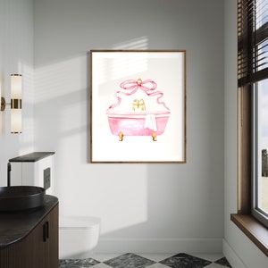 Pink Bathroom Vintage Bow Art Print, Watercolor Painting, Retro ...