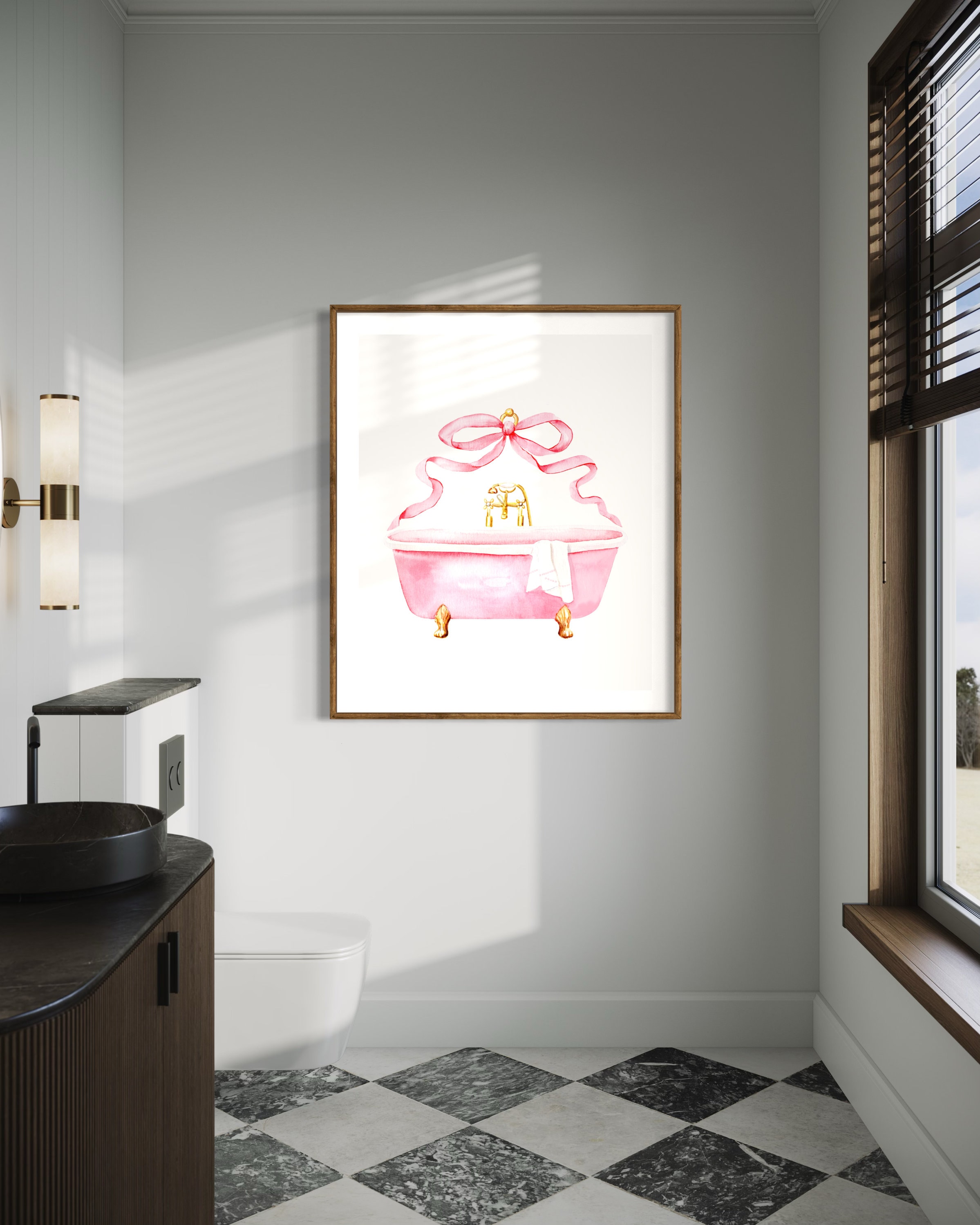 Pink Bathroom Vintage Bow Art Print, Watercolor Painting, Retro ...