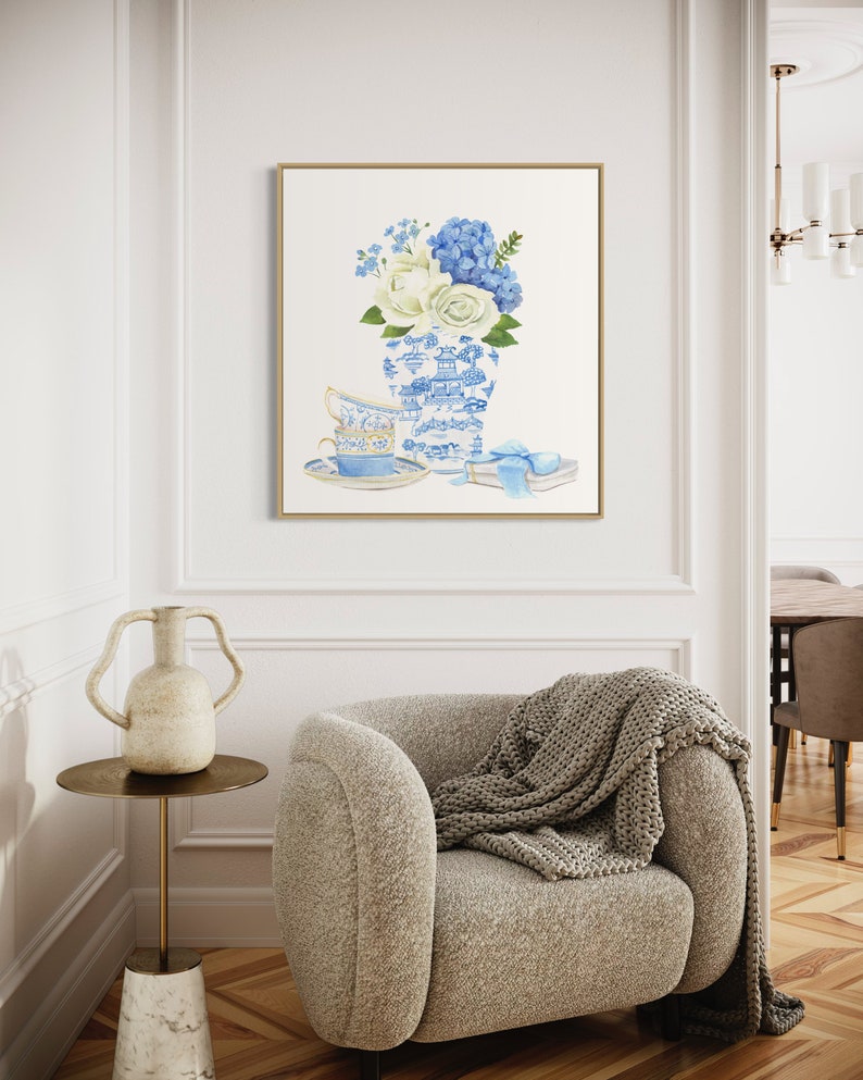 Blue Hydrangea Chinoiserie Ginger Jar Print,Blue And White, French Theme, Ginger Jar Art, Chinoiserie Wall Art Print, Tea Cups Painting 画像 3