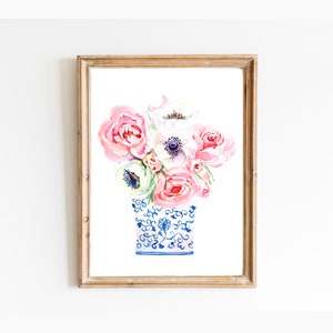 Blaue Chinoiserie Vase Blumen Druck, Aquarell Malerei, Ginger Jar Print, Blau und Weiß Kunst, Asiatische Blume, Chinesische Kunst Blume Poster
