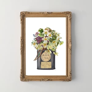 Fiori in una scatola da tè vintage, stampa ad acquerello, decorazione da parete per la cucina con tè, tè vintage, fiori ad acquerello