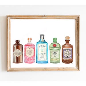 ジン ポスター 水彩画、バー カート アートワーク、ジン ボトル アート、カクテル デコレーション、ジン トニック アート、ホーム バー アート、ブルー ジン ボトル、アルコール