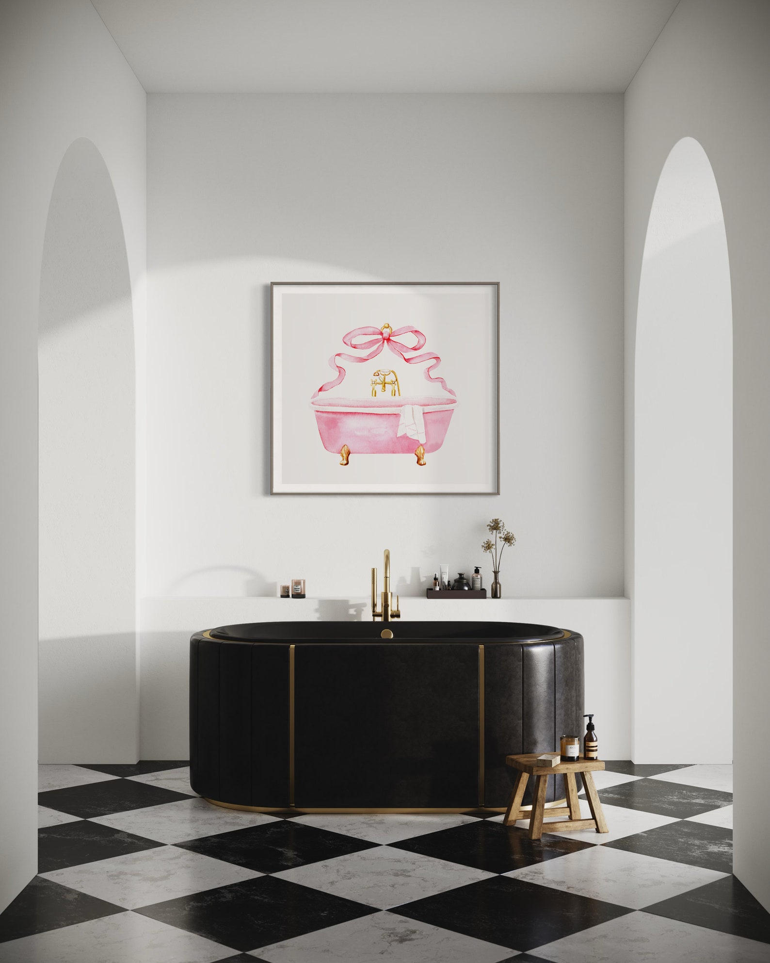 Pink Bathroom Vintage Bow Art Print, Watercolor Painting, Retro ...