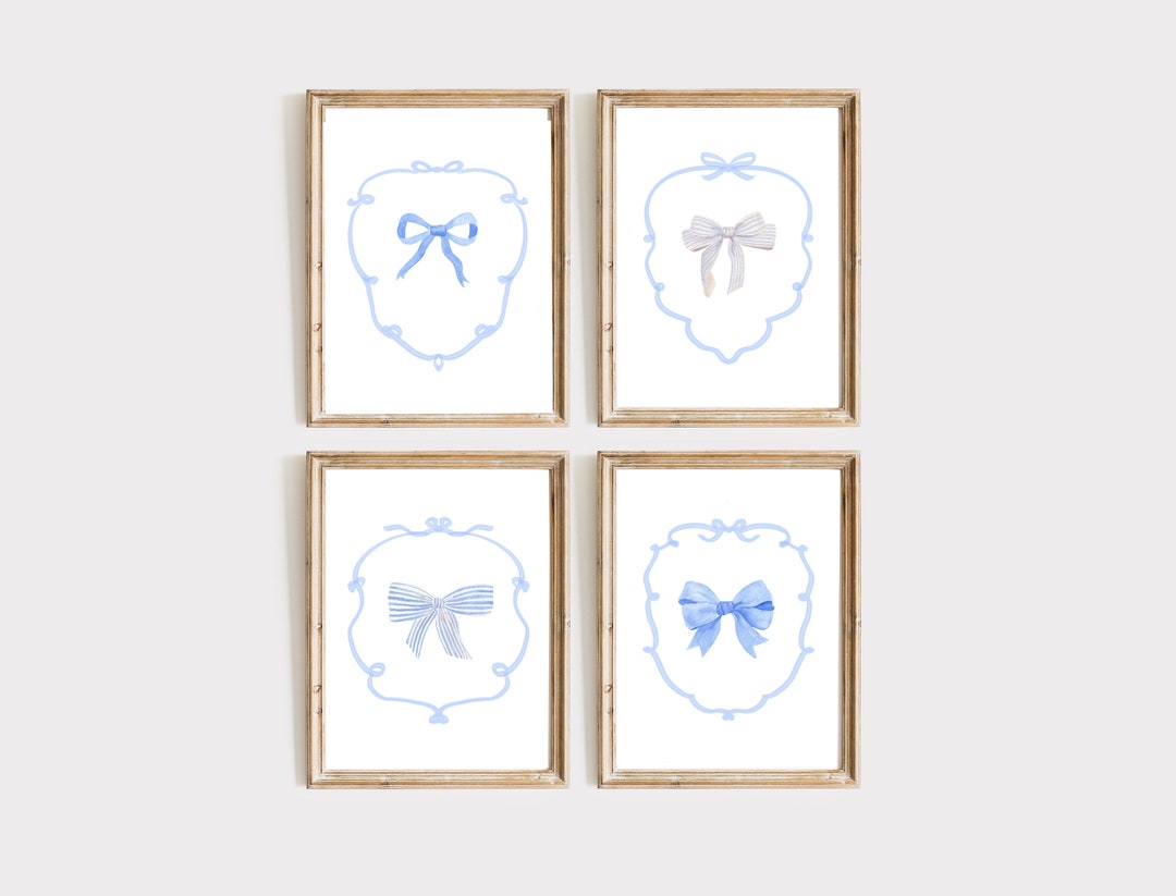Blue Bow Set of 4 Watercolor Painting, Nursery Wall Decor, Girls Room ...