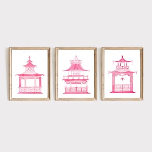 Pink Pagoda Watercolor Painting Chinoiserie Asian Wall Art Poster Pagoda Print Set Of 3 Watercolor Painting Chinoiserie Painting Art Print