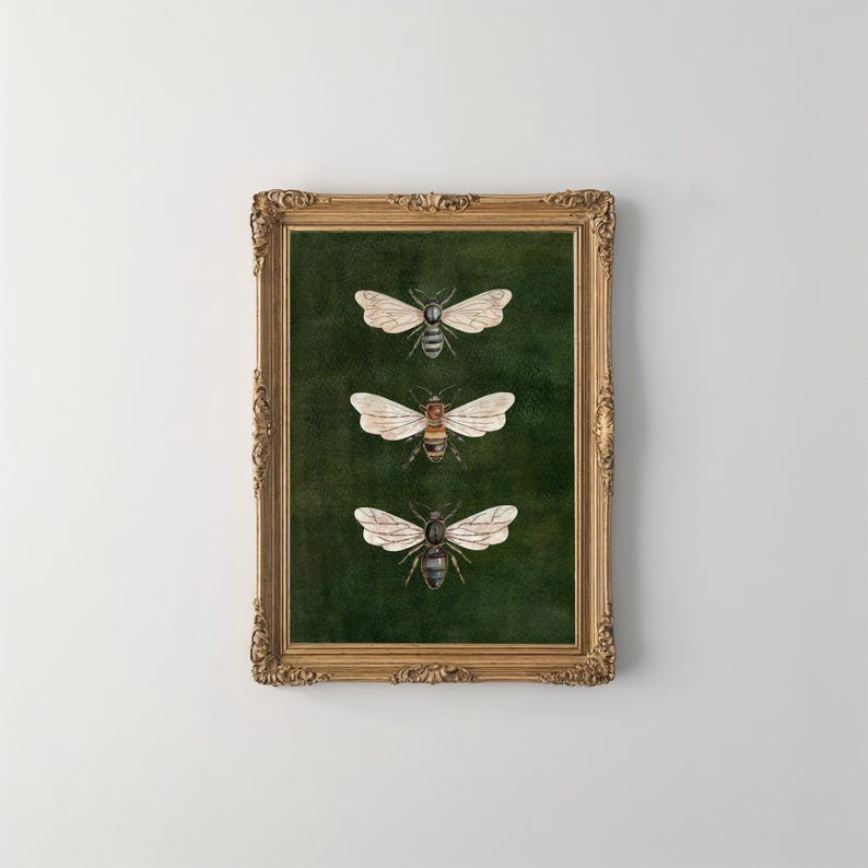 May include: A rectangular wall art piece featuring three detailed illustrations of bees arranged vertically against a dark forest green background, all encased within an ornate, metallic gold-toned frame with intricate carved detailing.