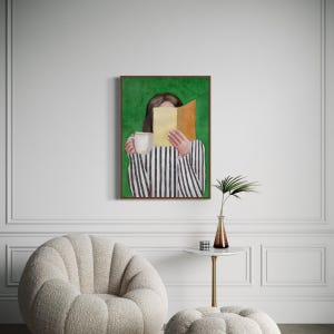May include: A painting of a person in a striped shirt holding a book and a cup of coffee in front of a green background.