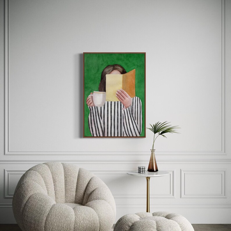 May include: A painting of a person in a striped shirt holding a book and a cup of coffee in front of a green background.