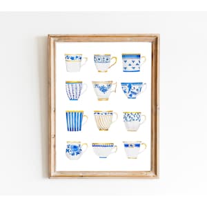 Teetassen Kunstdruck Blau Weiß Aquarell Malerei Chinoiserie Wand Kunst Poster Tee Kunst Geschenk für Teeliebhaber Vintage Teetassen Küche
