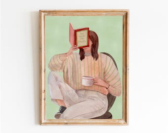 Minimalist Woman Reading Watercolor Print | Modern Wall Art for Book Lovers