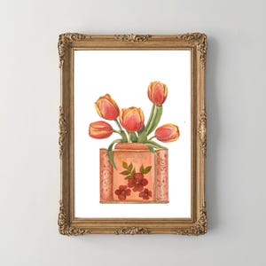 Tulpe in der Teedose Vintage, Aquarell Malerei, Rote Tulpen, Teeküche Druck, Botanisches Poster, Tulpenblumenplakat, Wandkunst Druck