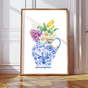 Blue Chinoiserie Vase, Watercolor Chinoiserie, Ginger Jar Print, Blue Hydrangea Print, Asian Vase Print, Flower Vase Painting