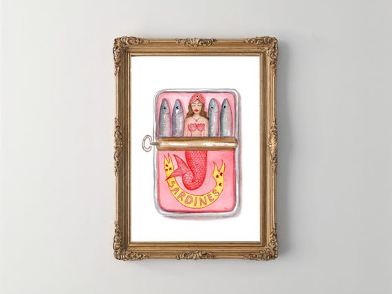 Mermaids Sardine Print, Watercolor Painting, Kitchen Wall Art, Tin Print, Retro Food Art, Funny Sardine Can,