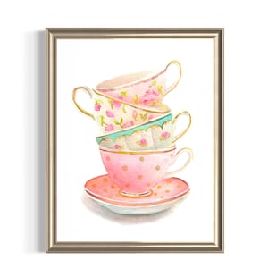 Pink Tea Cups Watercolor Art Print, Vintage Tea Cup Wall Art, Kitchen Decor, Tea Lover Gift