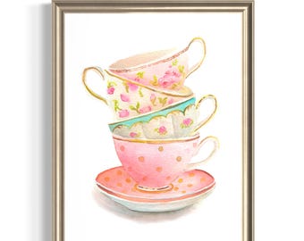 Pink Tea Cups Watercolor Art Print, Vintage Tea Cup Wall Art, Kitchen Decor, Tea Lover Gift